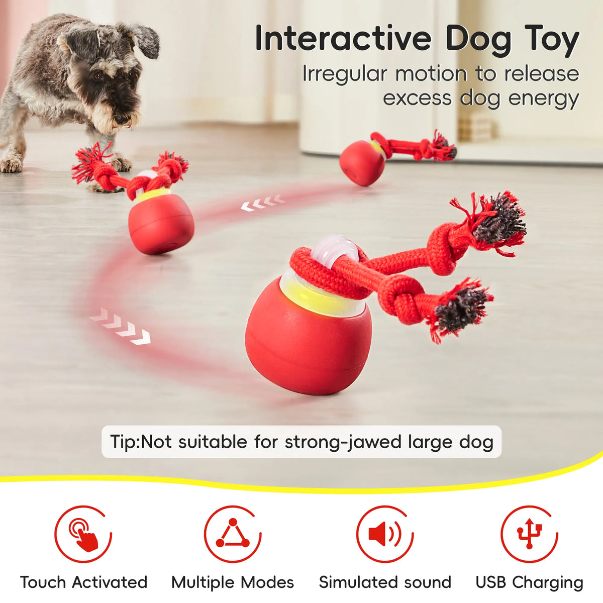 Potaroma Touch-Activated Rechargeable Interactive Dog Ball Toy with Squeaker and Rope, USB Charging Auto-Rolling Training Ball for Small to Medium Dogs - Dark Red