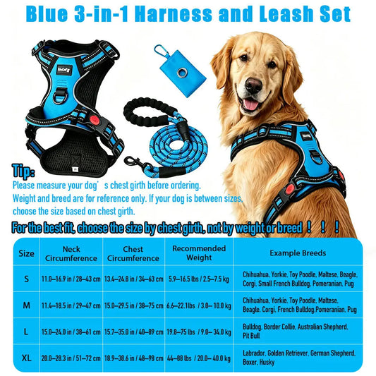 HELETY 3-in-1 Dog Vest Harness Set - No Pull, No Choke, 3M Reflective, Anti-Escape Lock, Adjustable for Small to Large Dogs, Oxford Material, Night Strap, Poop Bag Holder, Airtag Compatible, Cooling Design for Safe Outdoor Walking and Travel