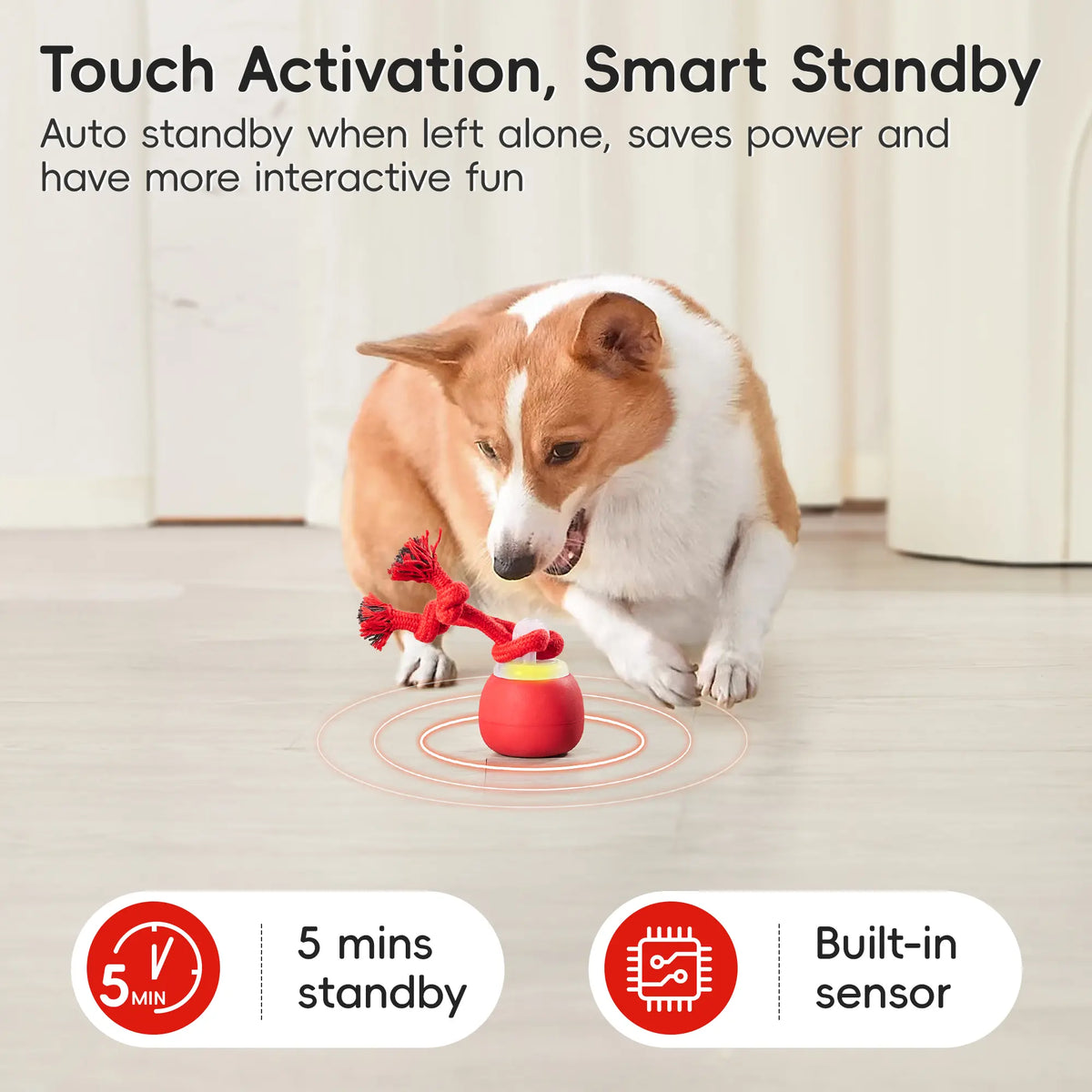 Potaroma Touch-Activated Rechargeable Interactive Dog Ball Toy with Squeaker and Rope, USB Charging Auto-Rolling Training Ball for Small to Medium Dogs - Dark Red
