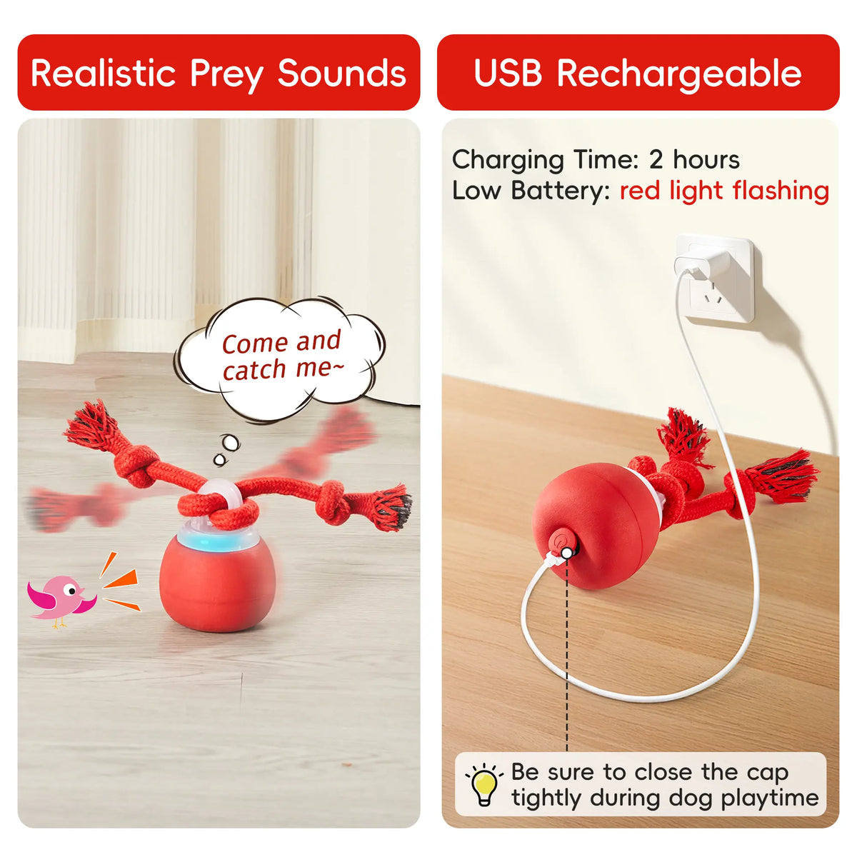 Potaroma Touch-Activated Rechargeable Interactive Dog Ball Toy with Squeaker and Rope, USB Charging Auto-Rolling Training Ball for Small to Medium Dogs - Dark Red
